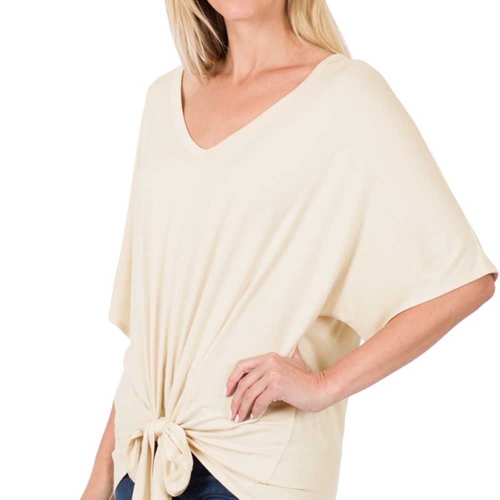Boutique: Zenana Outfitters taupe Tie-Front Blouse